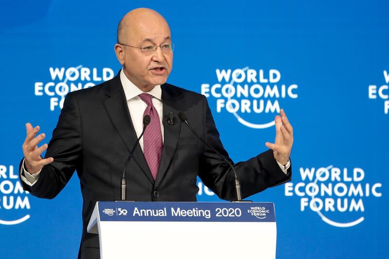 Barham Salih, Iraq's president, delivers a speech during a special address on day two of the World Economic Forum (WEF) in Davos, Switzerland, on Wednesday, Jan. 22, 2020. World leaders, influential executives, bankers and policy makers attend the 50th annual meeting of the World Economic Forum in Davos from Jan. 21 - 24. Photographer: Jason Alden/Bloomberg