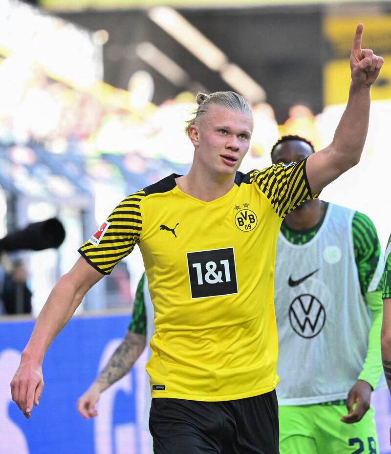 Dortmund forward Erling Haaland celebrates against Wolfsburg in the Bundesliga match in April, 2022. AFP
