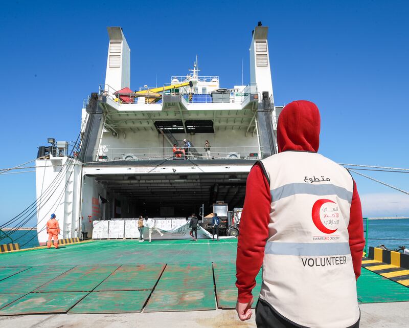 The ship left the Port of Fujairah on February 3 carrying 4,303 tonnes of food, 154 tonnes of shelter materials and 87 tonnes of medical provisions and equipment provided by Khalifa bin Zayed Al Nahyan Foundation, the Zayed bin Sultan Al Nahyan Charitable and Humanitarian Foundation and the Emirates Red Crescent. Victor Besa / The National