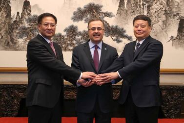 Saudi Aramco chief executive Amin Nasser, centre with Norinco Group Chairman Jiao Kaihe, left and Liaoning province governor Tang Yijun, right, in Beijing. Courtesy: Saudi Aramco