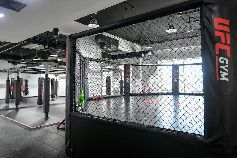 Abu Dhabi, United Arab Emirates - Signature Mix Martial Arts and Brazilian Jiu-Jitsu room on the first level with punching bag racks and an octagon, at the newly opened UFC Gym in Mohammed Bin Zayed City. Khushnum Bhandari for The National