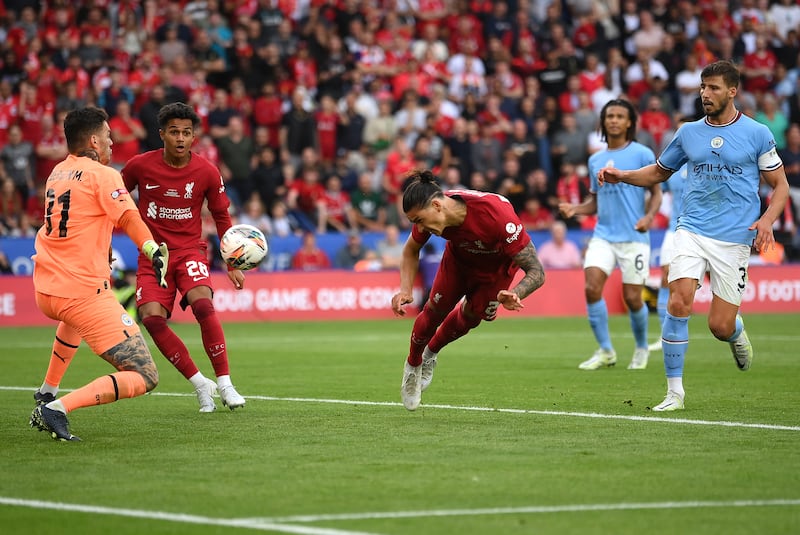 Darwin Nunez heads Liverpool's third goal. Getty