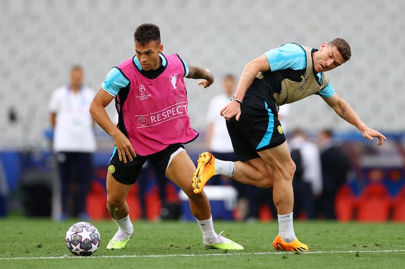 Inter Milan's Lautaro Martinez and Robin Gosen during a training session ahead of Champions League final against Manchester City in Istanbul. Getty