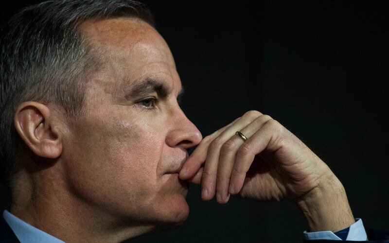 Mark Carney, governor of the Bank of England (BOE), pauses after delivering a speech on cryptocurrency via a live feed to the Scottish Economics Conference from Bloomberg's European headquarters in London, U.K., on Friday, March 2, 2018. Carney is calling for greater regulation to bring the era of cryptocurrency “anarchy” to end. Photographer: Chris Ratcliffe/Bloomberg