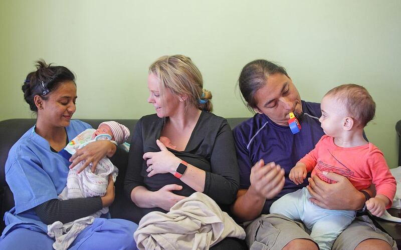 Rami and Renée Hassan who both live in Abu Dhabi have hired three nannies to attend to the new born twins, Suvi and Zara. First child Theo (in orange) was born via surrogacy last year in Anand, and twins, Suvi and Zara, were born last month to a surrogate at Dr Nayana Patel’s clinic in Anand. Subhash Sharma for The National