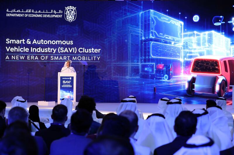Badr Al Olama, acting director general of the Abu Dhabi Investment Office, delivering a keynote at the launch of the Smart and Autonomous Vehicle Industry cluster in Abu Dhabi on Friday. Chris Whiteoak / The National