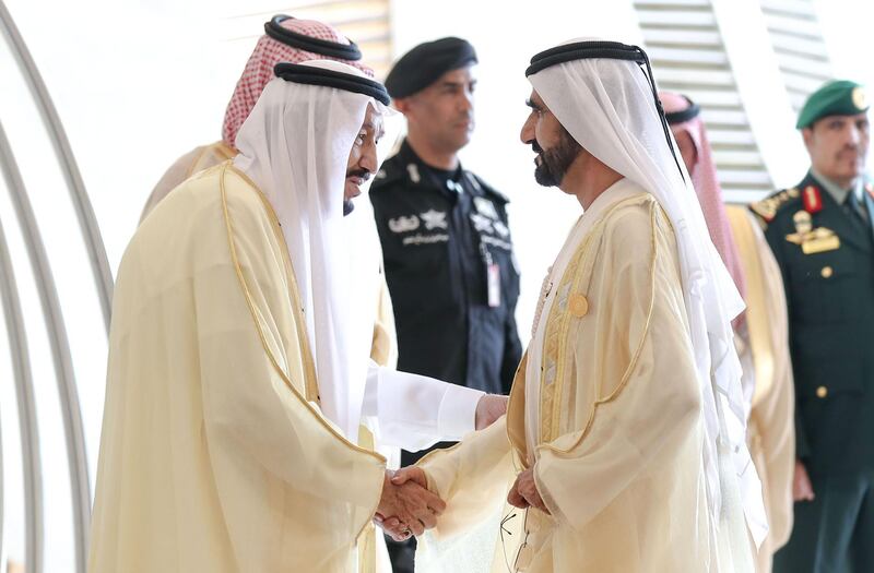 Sheikh Mohammed bin Rashid, Vice President and Ruler of Dubai, greets Saudi Arabia's King Salman bin Abdulaziz at the 29th Arab Summit, in Dhahran, Saudi Arabia, on April 15, 2018. Wam