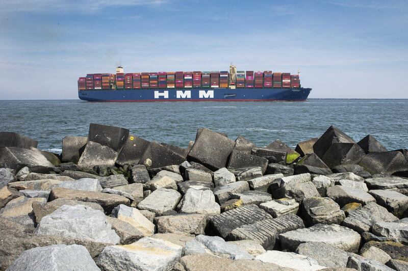 The world largest container vessel HMM Algeciras approach the port of Rotterdam on June 3, 2020. (Photo by Pieter STAM DE JONGE / ANP / AFP) / Netherlands OUT