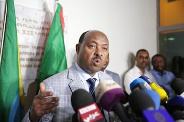 Ethiopian Prime Minister's Special Envoy for Sudan conciliation dialogue, Mahmoud Dardir, speaks at a press conference at the Ethiopian Embassy in Khartoum. EPA