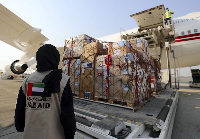 Dubai, United Arab Emirates - Reporter: Kelly Clarke. Aid is loaded up on a plane to Lebanon at Dubai airport to support Beirut after the explosion. Wednesday, August 5th, 2020. Dubai. Chris Whiteoak / The National