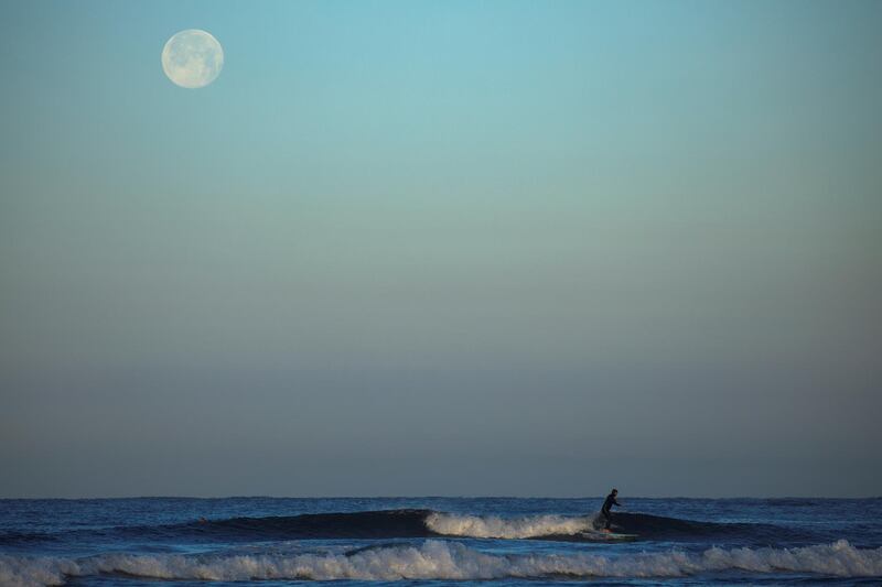 A surfer rides a wave as the moon sets and the sun rises at Cardiff State Beach in Encinitas, California. Reuters