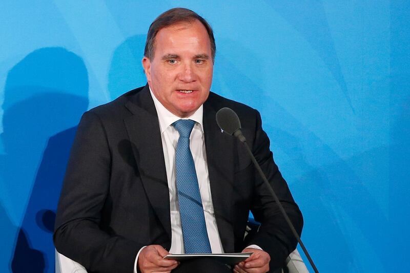 Sweden's Prime Minister Stefan Lofven addresses the Climate Action Summit in the United Nations General Assembly at the U.N. headquarters, Monday, Sept. 23, 2019. (AP Photo/Jason DeCrow)