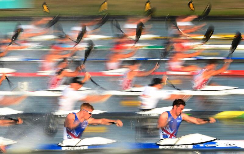 Kayakers in action during the men's K4 500m heats at ICF Canoe Sprint World Championships in Szeged, Hungary.  EPA