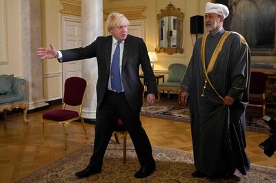 Britain's Prime Minister Boris Johnson meets Sultan Haitham of Oman at Downing Street in London. AFP