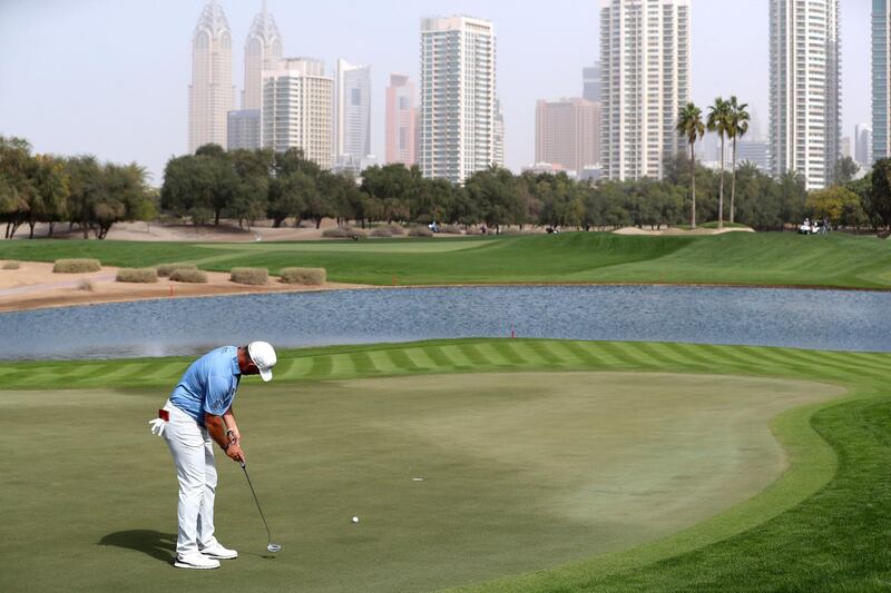 Dubai, United Arab Emirates - Reporter: Paul Radley and John McAuley: Lee Westwood putts on the 5th hole on the 1st day of the Omega Dubai Desert Classic. Thursday, January 23rd, 2020. Emirates Golf Club, Dubai. Chris Whiteoak / The National