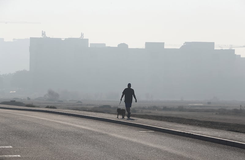 A man walks his dog in Al Furjan, Dubai, in the fog. The UAE is set to experience unsettled weather until Wednesday. Pawan Singh / The National