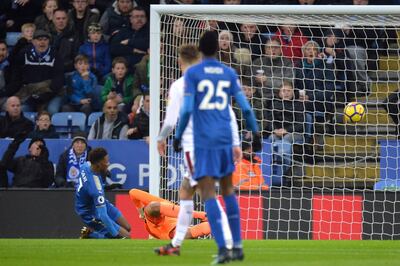 Soccer Football - Premier League - Leicester City vs Burnley - King Power Stadium, Leicester, Britain - December 2, 2017   Leicester City's Demarai Gray scores their first goal    REUTERS/Peter Powell    EDITORIAL USE ONLY. No use with unauthorized audio, video, data, fixture lists, club/league logos or "live" services. Online in-match use limited to 75 images, no video emulation. No use in betting, games or single club/league/player publications. Please contact your account representative for further details.
