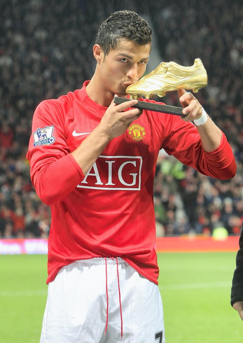 MANCHESTER, ENGLAND - OCTOBER 29:  Cristiano Ronaldo of Manchester United poses with the European Golden Boot award as EuropeÂ’s top scorer for the 2007 Â– 2008 season ahead of the Barclays Premier League match between Manchester United and West Ham United at Old Trafford on October 29 2008 in Manchester, England. (Photo by Chris Coleman/Manchester United via Getty Images)