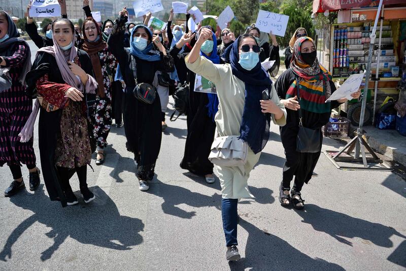 Afghan women shout slogans during an anti-Pakistan protest rally, near the Pakistan embassy in Kabul on September 7. AFP