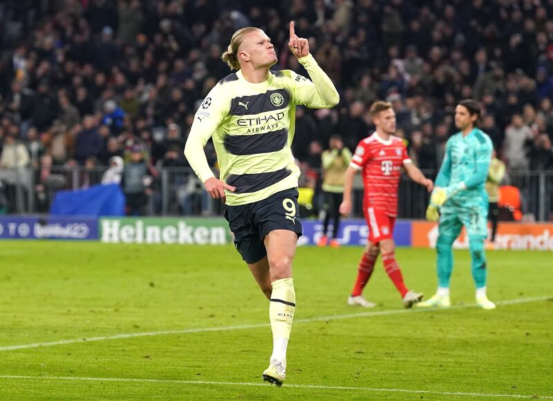 Manchester City's Erling Haaland celebrates scoring the opening goal against Bayern Munich in the Champions League quarter-final second leg at Allianz Arena on Wednesday, April 19, 2023. PA