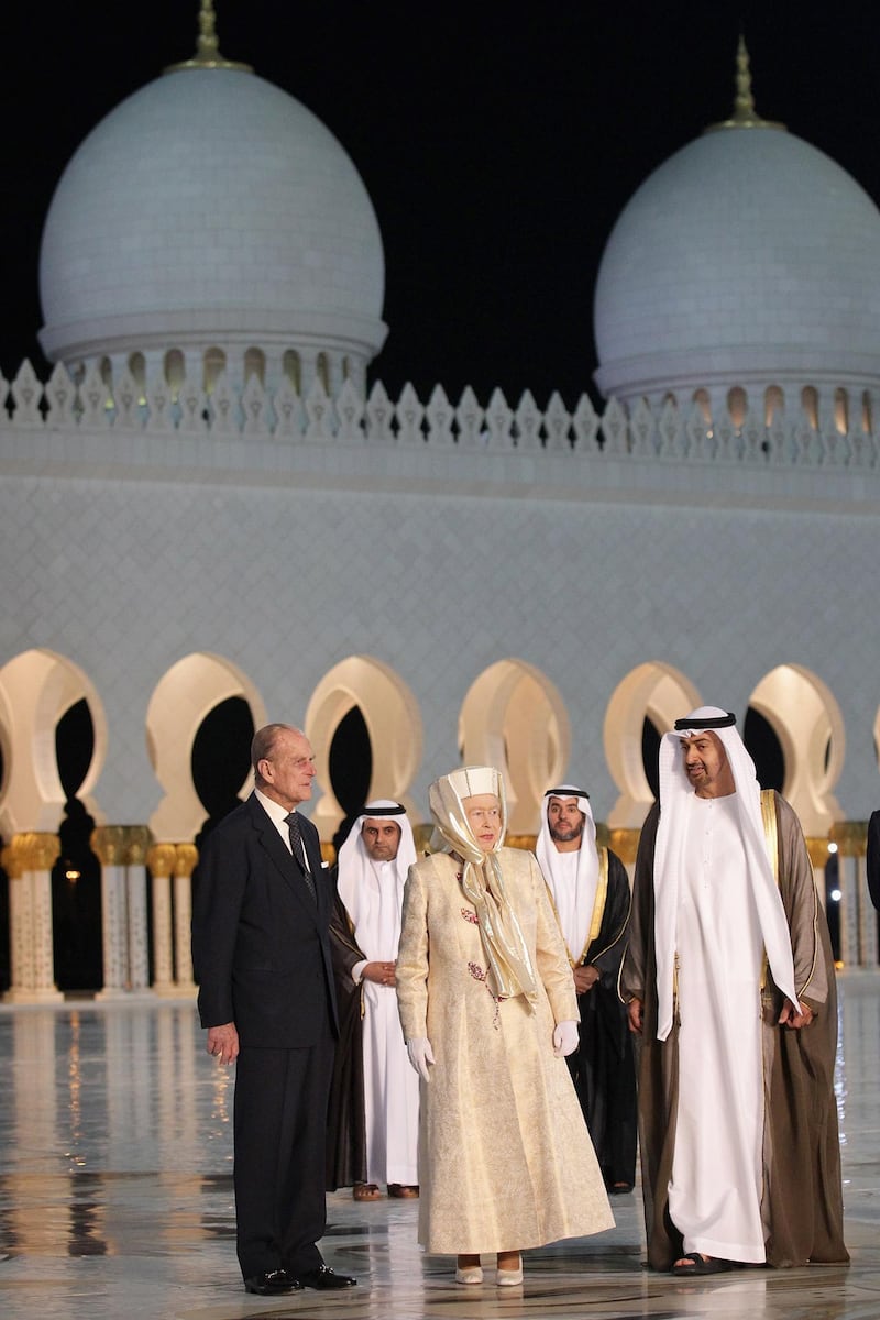 ABU DHABI, UNITED ARAB EMIRATES - NOVEMBER 24:  Queen Elizabeth II, Prince Philip, Duke of Edinburgh and Prince Andrew, Duke of York (right) arrives at the Sheikh Zayed Mosque on November 24, 2010 in Abu Dhabi, United Arab Emirates. Queen Elizabeth II and Prince Philip, Duke of Edinburgh will soon arrive on a State Visit to the Middle East. The Royal couple will spend two days in Abu Dhabi and three days in Oman.  (Photo by Chris Jackson/Getty Images)