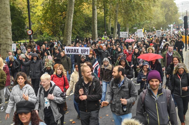 Protesters are seen during a Unite for Freedom march in London. Getty Images