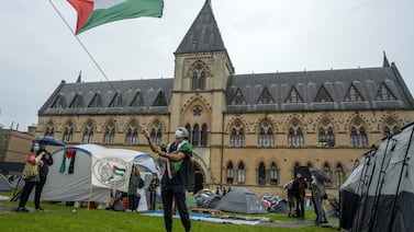 A student activist at a pro-Palestine encampment outside the Pitt Rivers Museum at the University of Oxford. Getty Images