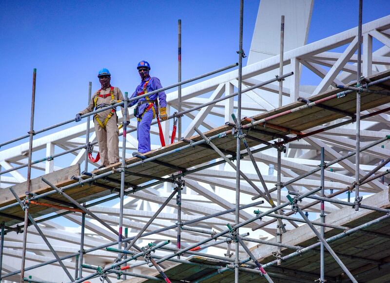 Abu Dhabi, United Arab Emirates, January 13, 2021.   Sneak peek of Al Qana Abu Dhabi and  interview with Fouad Mashal, CEO of Al Barakah International Investment and owner of Al Qana.  Workers are all thumbs up at the jobsite.
Victor Besa/The National
Section:  NA
Reporte:  Haneen Dajani