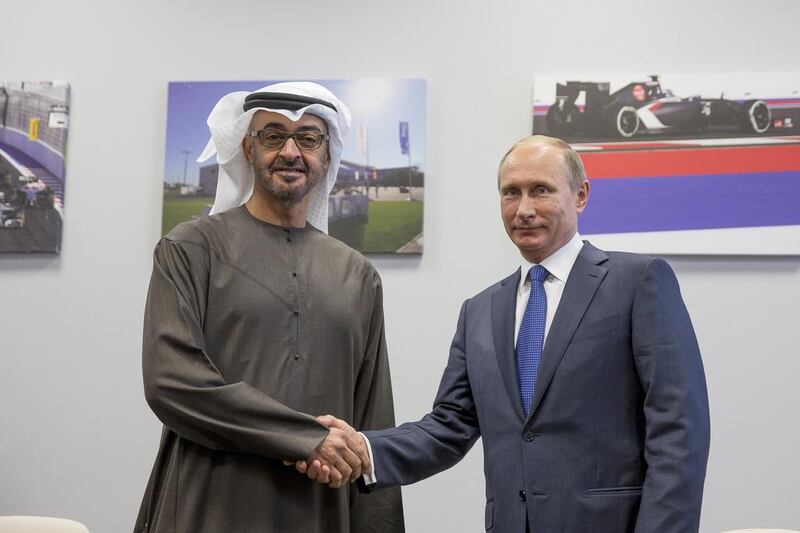 Sheikh Mohammed bin Zayed and Vladimir Putin pictured at the Russian Grand Prix in 2015. Mohammed Al Hammadi / Crown Prince Court – Abu Dhabi