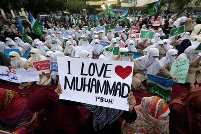Supporters of the religious group Jamaat-e-Islami demonstrate to condemn derogatory references to Islam and the Prophet Muhammad recently made by Nupur Sharma, a spokeswoman for the governing Indian Hindu nationalist party, in Lahore, Pakistan. AP