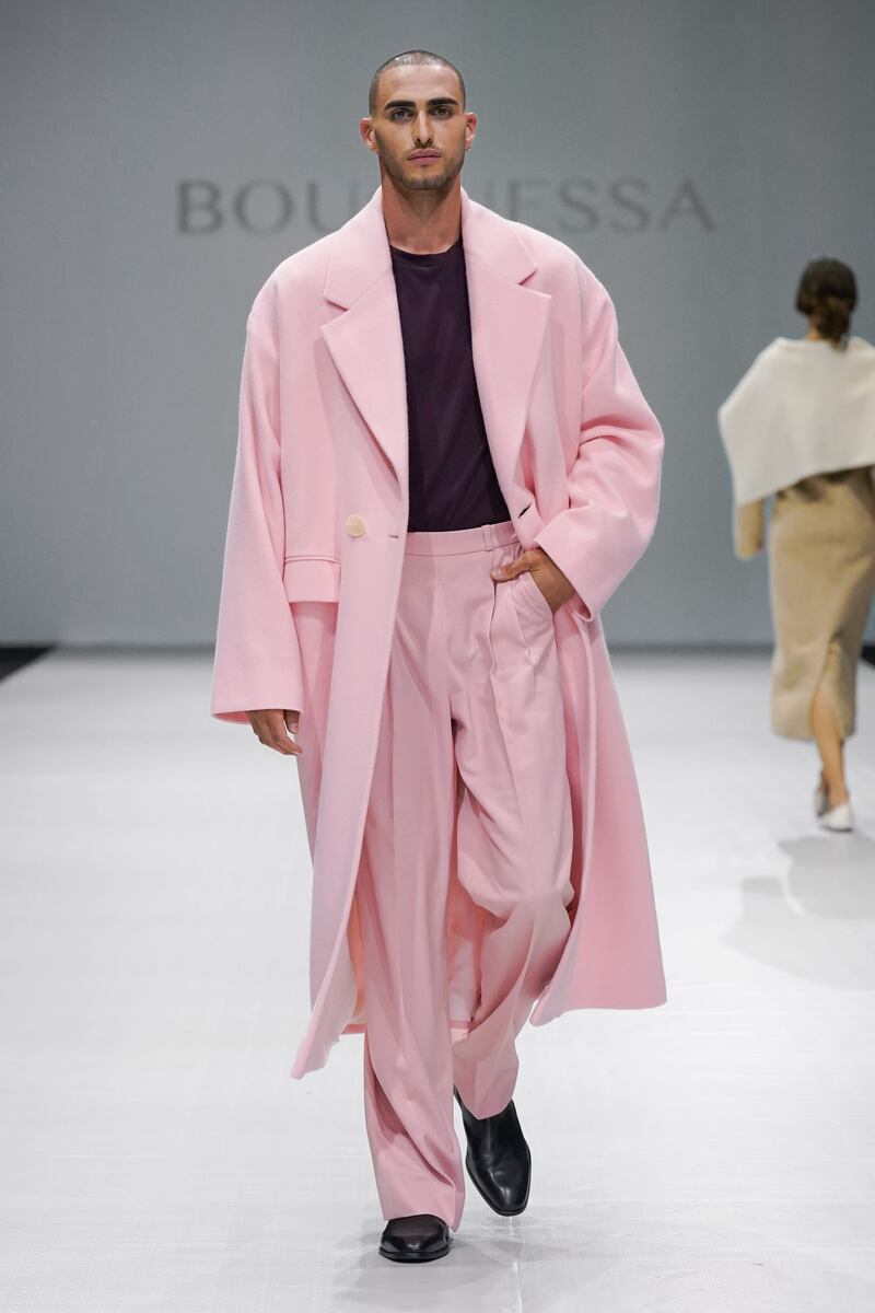 An all-pink menswear look at Bouguessa at Arab Fashion Week.