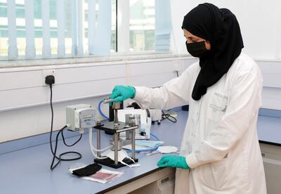 A Dubai Municipality researcher tests facemasks at the Dubai Central Laboratory. Courtesy: DM