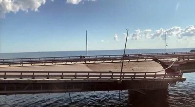 The damaged Kerch bridge linking Crimea to Russia, in a video grab taken from Crimea24 TV. AFP