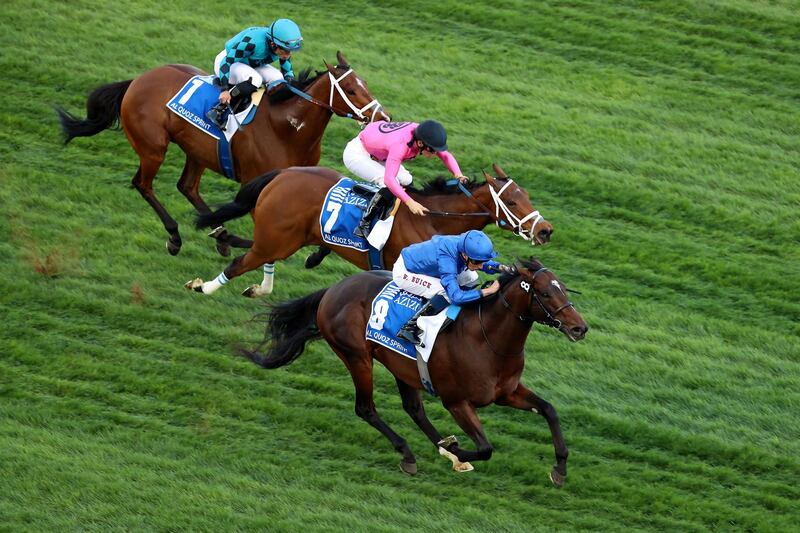 DUBAI , UNITED ARAB EMIRATES , MARCH 30  – 2018 :- Blue Point  ( IRE  ) ridden by William Buick ( no 8  ) won the 4th horse race Al Quoz Sprint 1200m turf  during the Dubai World Cup held at Meydan Racecourse in Dubai. ( Pawan Singh / The National ) For News/Sports/Instagram/Big Picture. Story by Amith/Rupert