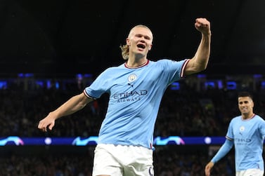 Soccer Football - Champions League - Group G - Manchester City v FC Copenhagen - Etihad Stadium, Manchester, Britain - October 5, 2022  Manchester City's Erling Braut Haaland celebrates scoring their first goal Action Images via Reuters / Lee Smith     TPX IMAGES OF THE DAY