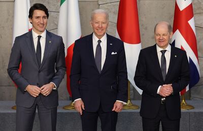 Canada's Prime Minister Justin Trudeau, US President Joe Biden and German Chancellor Olaf Scholz meet for G7 talks in Brussels. AFP 