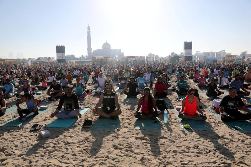 Dubai, United Arab Emirates - March 16th, 2018: A mass yoga session hosted by Bollywood actress Malaika Arora as part of X Yoga Dubai. Friday, March 16th, 2018. Kite Beach, Dubai. Chris Whiteoak / The National