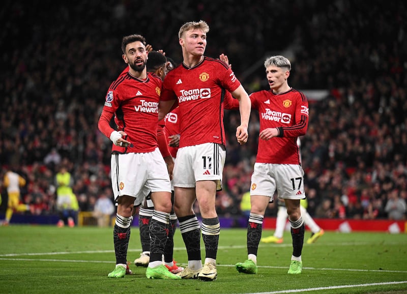 Rasmus Hojlund celebrates scoring Manchester United's fourth goal during the 4-1 Premier League win over Sheffield United at Old Trafford in Manchester, England, on April 24, 2024. AFP