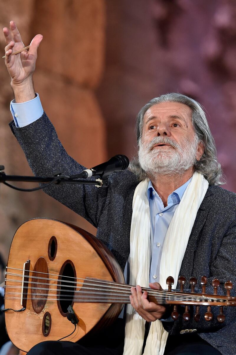 Lebanese Oud musician and singer Marcel Khalife (C) performs at the opening night of the annual Baalbeck International Festival (BIF) in Baalbeck, Beqaa Valley, Lebanon, 05 July 2019. The festival runs from 05 July to 03 August 2019. Photo: EPA