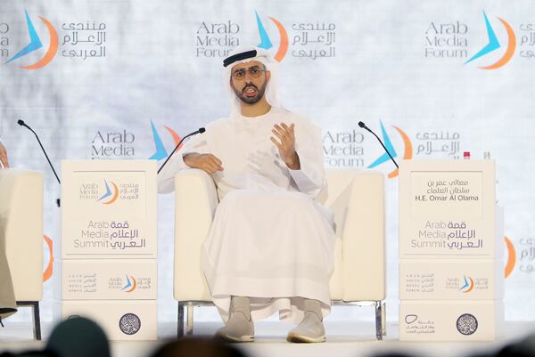 Omar Al Olama, Minister of State for Artificial Intelligence, Digital Economy and Remote Work Applications, speaking at the Arab Media Forum held at Dubai World Trade Centre. Pawan Singh / The National 