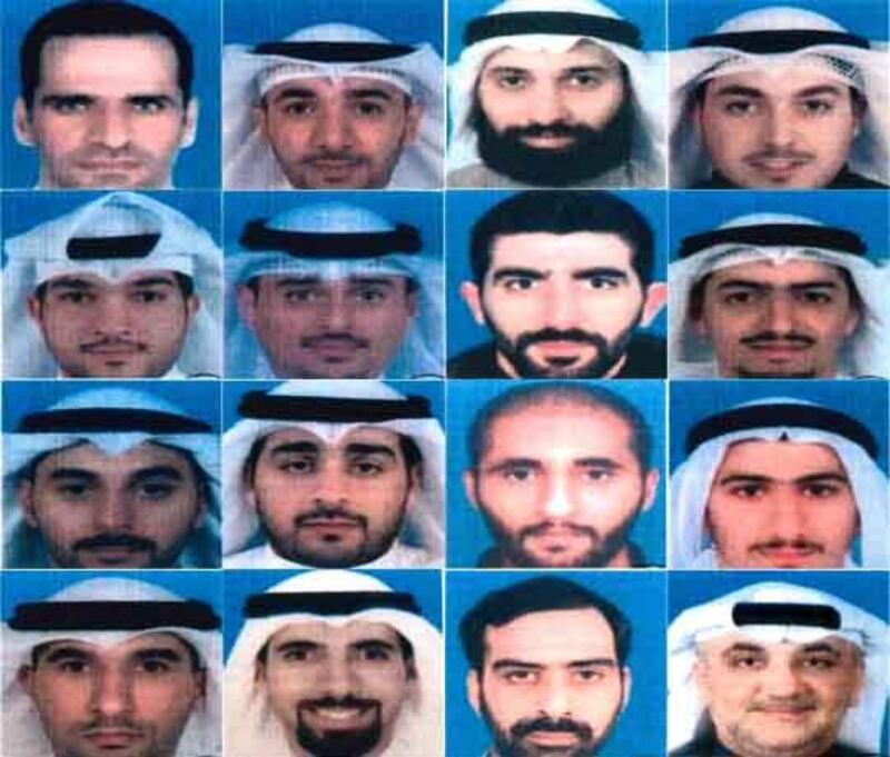 Photos of the 16 Kuwaiti residents convicted with spying for Iran and Hezbollah as part of the Abdali Terror Cell. Courtesy Kuwait Ministry of Interior