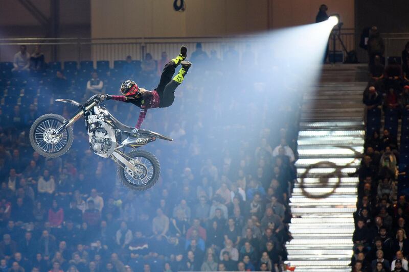 US Vicki Golden performs a figure during the jump contest FMX, during the 32th Geneva International Supercross at the Palexpo, in Geneva, Switzerland. Martial Trezzini / EPA