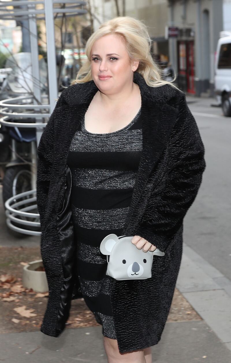 Rebel Wilson, wearing a black and grey striped dress, black coat and a koala clutch, arrives at the Victorian Supreme Court on June 8, 2017 in Melbourne, Australia. Getty Images