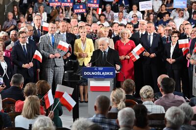 Polish Deputy Prime Minister Jaroslaw Kaczynski speaks during his PiS party's regional convention in Wroclaw, Poland, before mid-October elections. EPA