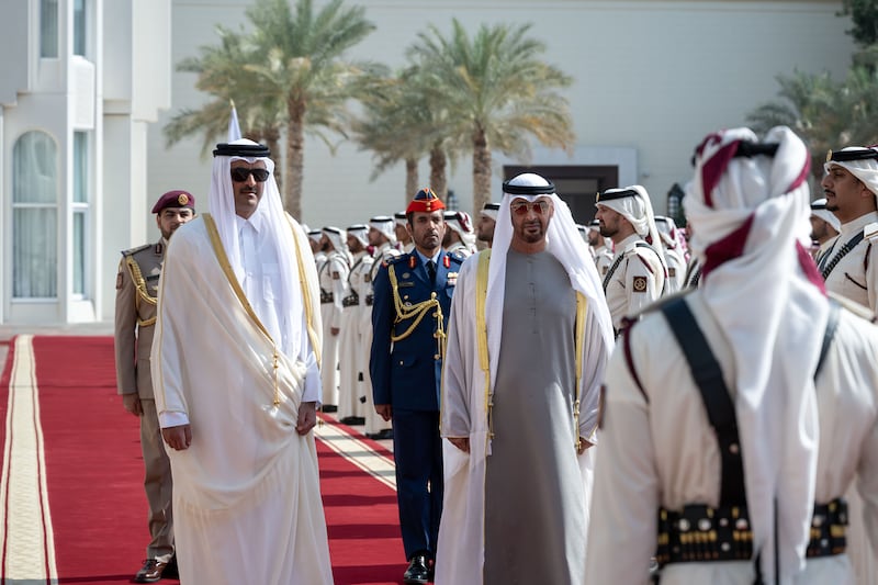 Sheikh Mohamed and Sheikh Tamim at the Amiri Diwan.
Rashed Al Mansoori / Presidential Court