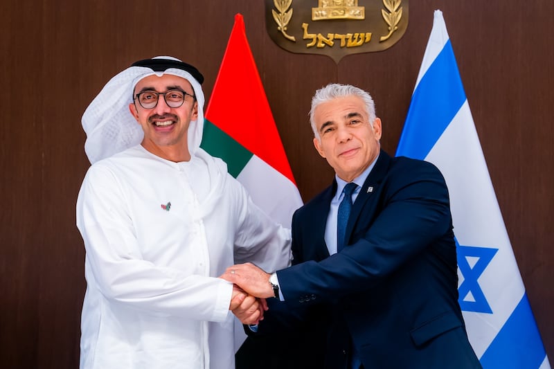 Sheikh Abdullah bin Zayed, Minister of Foreign Affairs and International Co-operation, met Israeli Prime Minister Yair Lapid on the anniversary of the signing of the Abraham Accords. All photos: Wam
