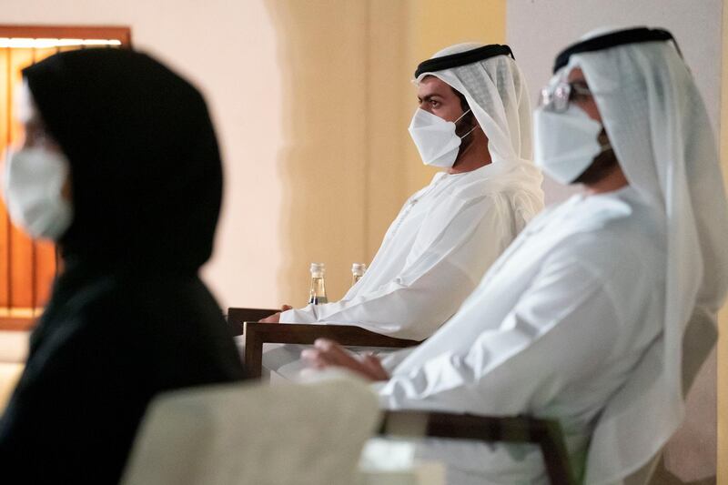 ABU DHABI, UNITED ARAB EMIRATES - April 07, 2021: HH Sheikh Khalifa bin Tahnoon bin Mohamed Al Nahyan, Director of the Martyrs' Families' Affairs Office of the Abu Dhabi Crown Prince Court (back), attends the Abu Dhabi Awards ceremony, at Qasr Al Hosn.

( Hamad Al Mansoori / Ministry of Presidential Affairs  )
---