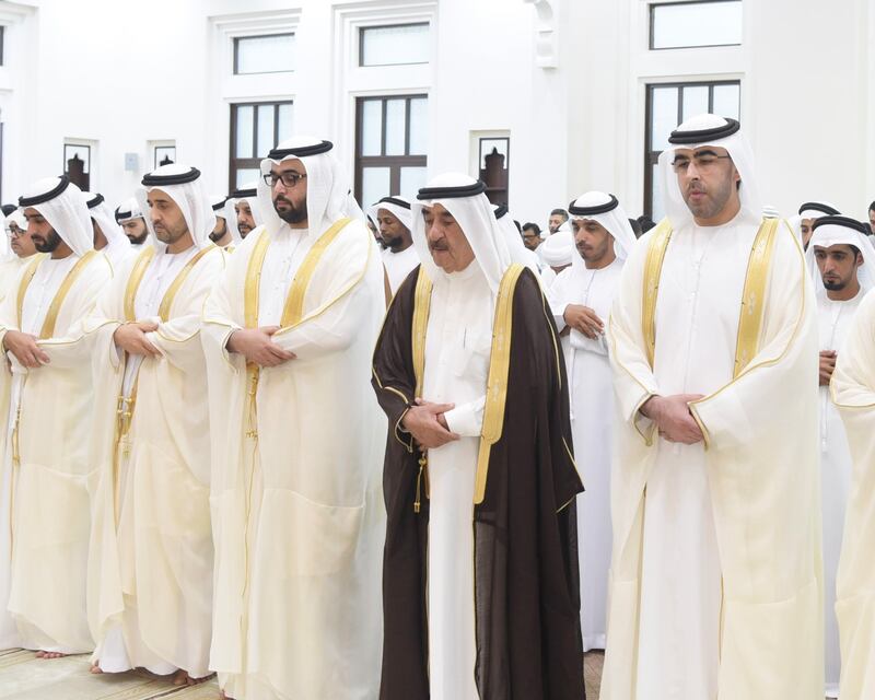 Sheikh Saud bin Rashid Al Mualla, Ruler of Umm Al Quwain, performed Eid Al Adha prayers at the Ahmed bin Rashid Al Mualla Mosque in the emirate