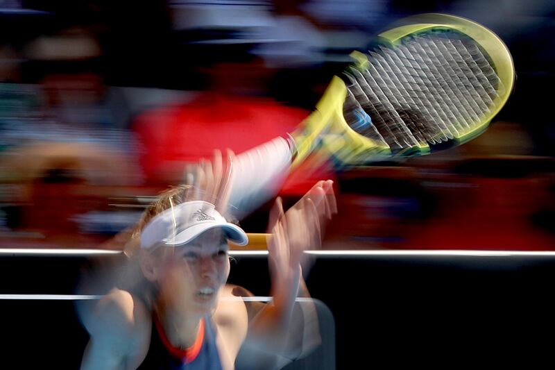 Caroline Wozniacki of Denmark plays a forehand during her first round match at the ASB Classic in Auckland, New Zealand. Getty Images