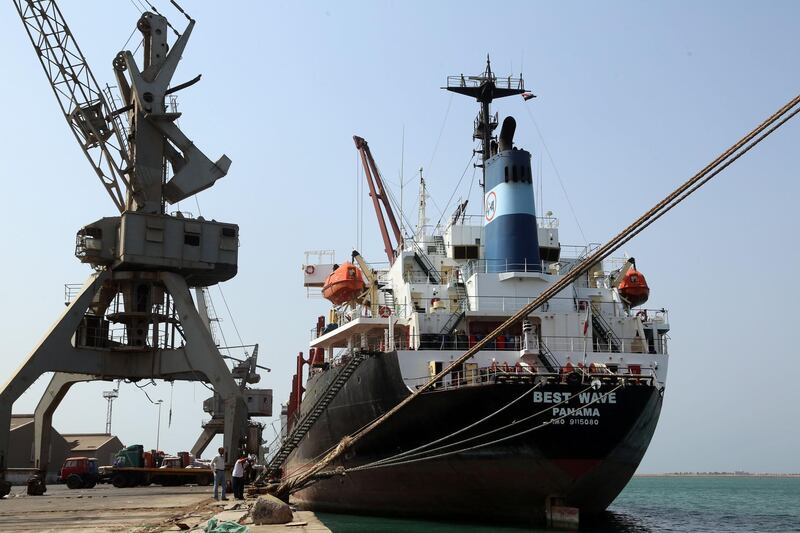 (FILES) This file photo taken on November 07, 2017 shows a cargo ship moored at Yemen's rebel-held Red Sea port of Hodeida.
The Saudi-led coalition fighting in Yemen said on November 22 it would reopen the key Red Sea port to receive "urgent humanitarian and relief materials" along with Sanaa airport for UN aircraft from midday (0900 GMT) the next day, after a more than two-week blockade following a missile attack on the Saudi capital Riyadh. / AFP PHOTO / ABDO HYDER